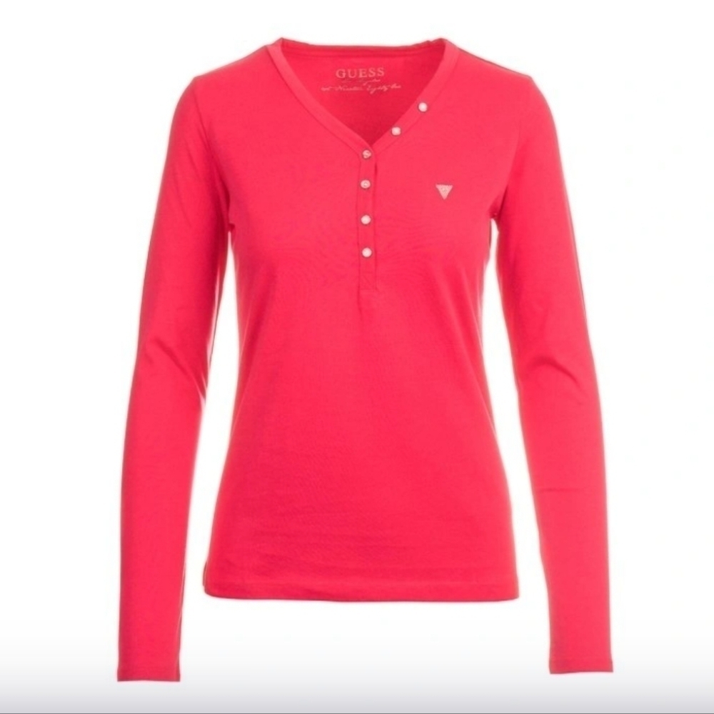 Guess women's rhinestones embellished logo red long sleeve top size S